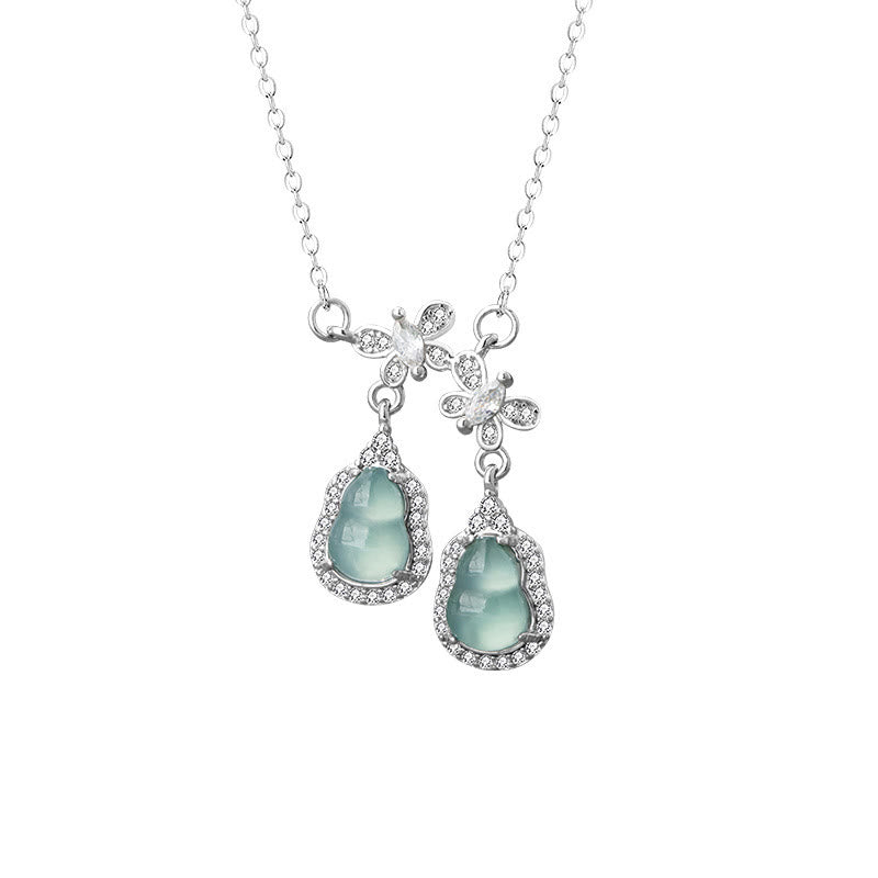 Buddha Stones 925 Sterling Silver Green Jade Double Gourd Butterfly Luck Necklace Pendant - image 5