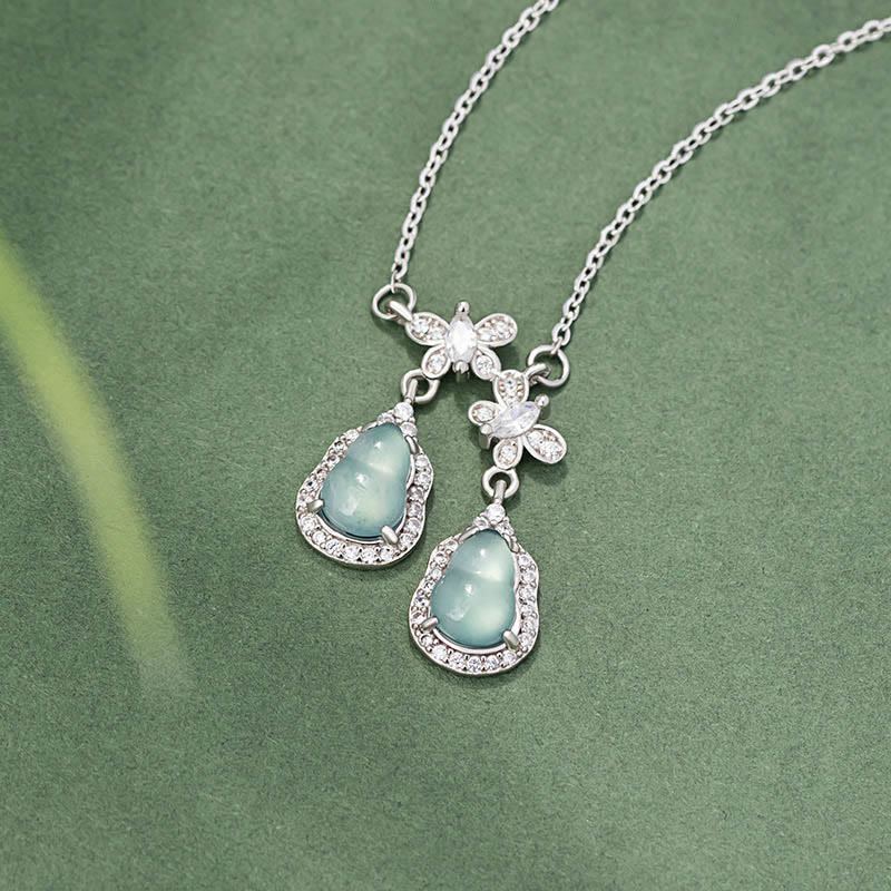 Buddha Stones 925 Sterling Silver Green Jade Double Gourd Butterfly Luck Necklace Pendant - image 1