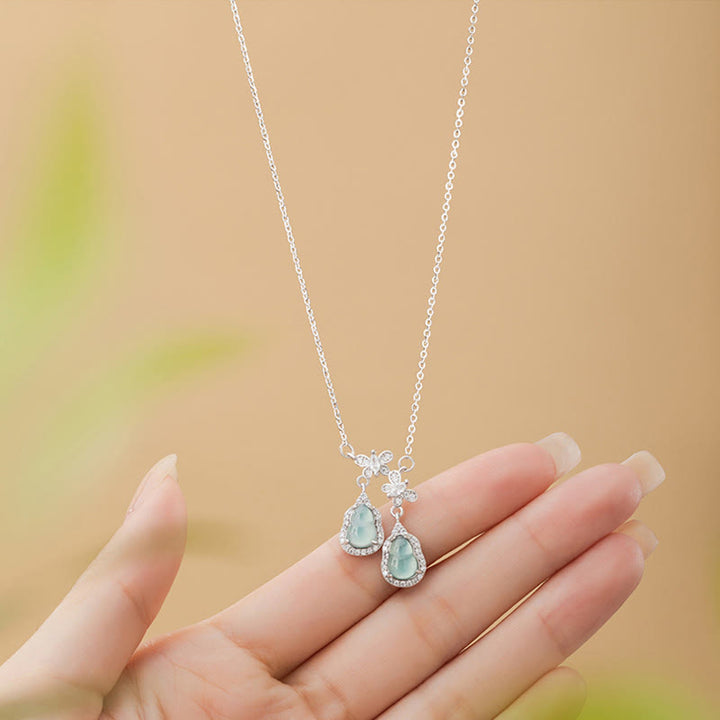 Buddha Stones 925 Sterling Silver Green Jade Double Gourd Butterfly Luck Necklace Pendant - image 3