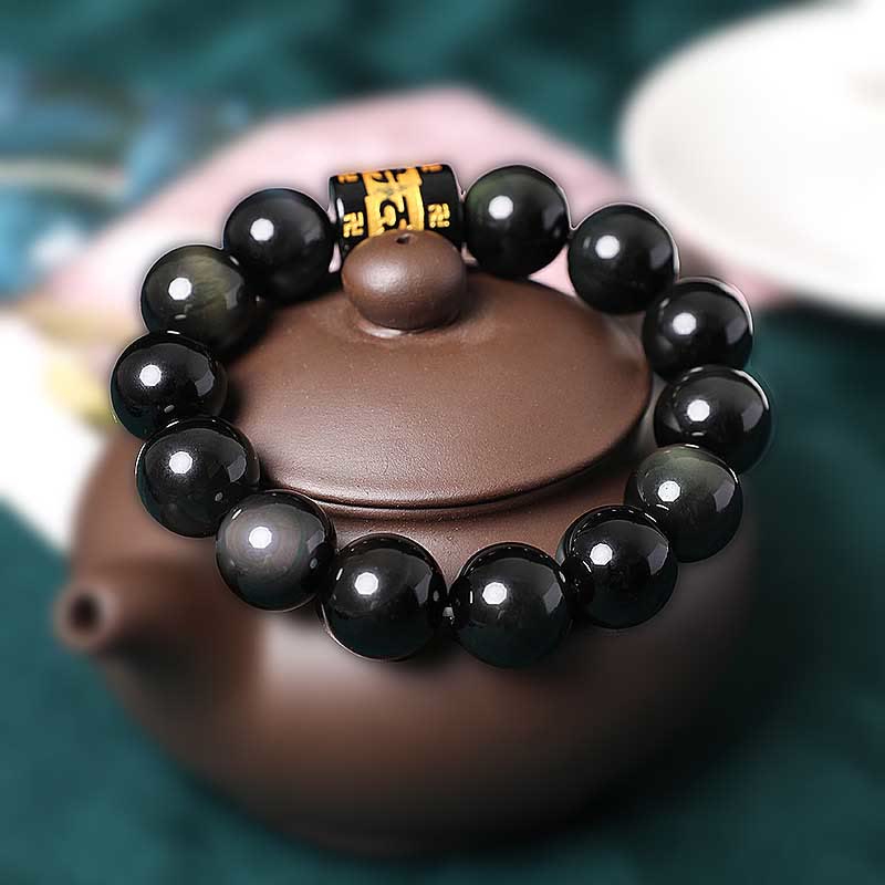 Buddha Stones Rainbow Obsidian Om Mani Padme Hum Swastika Positive Bracelet - image 12