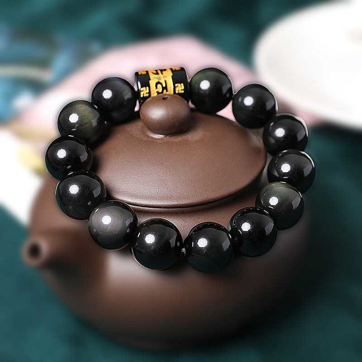 Buddha Stones Rainbow Obsidian Om Mani Padme Hum Swastika Positive Bracelet - image 12