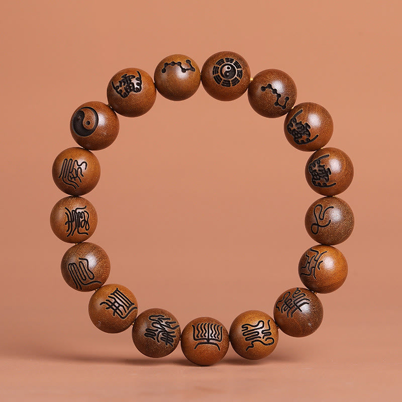 Buddha Stones Lightning Struck Jujube Wood Yin Yang Bagua Taoist Taboo Scripture Symbol Engraved Luck Bracelet - Taoist Scripture Symbols - 12mm(Wrist Circumference 15-17cm) - image 1