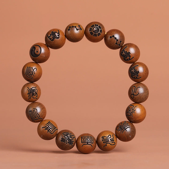 Buddha Stones Lightning Struck Jujube Wood Yin Yang Bagua Taoist Taboo Scripture Symbol Engraved Luck Bracelet - Taoist Scripture Symbols - 12mm(Wrist Circumference 15-17cm) - image 1