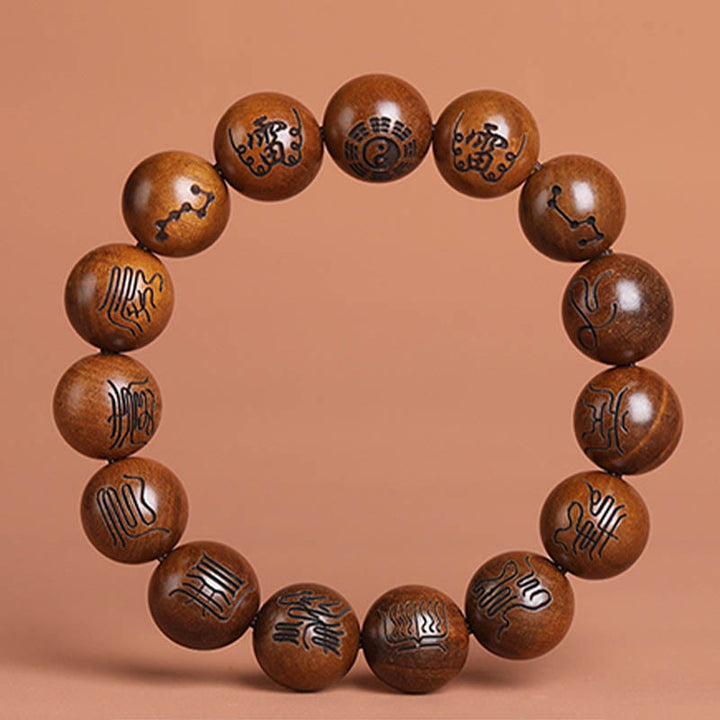 Buddha Stones Lightning Struck Jujube Wood Yin Yang Bagua Taoist Taboo Scripture Symbol Engraved Luck Bracelet - Taoist Scripture Symbols - 15mm(Wrist Circumference 17-19cm) - image 2