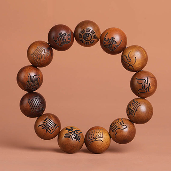 Buddha Stones Lightning Struck Jujube Wood Yin Yang Bagua Taoist Taboo Scripture Symbol Engraved Luck Bracelet - Taoist Scripture Symbols - 18mm(Wrist Circumference 18-20cm) - image 3
