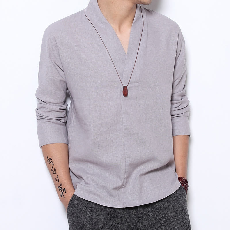 Buddha Stones Casual V-Neck Long Sleeve Shirt Linen Men Clothing - Gainsboro - US/UK/AU46，EU56 (5XL) - image 0