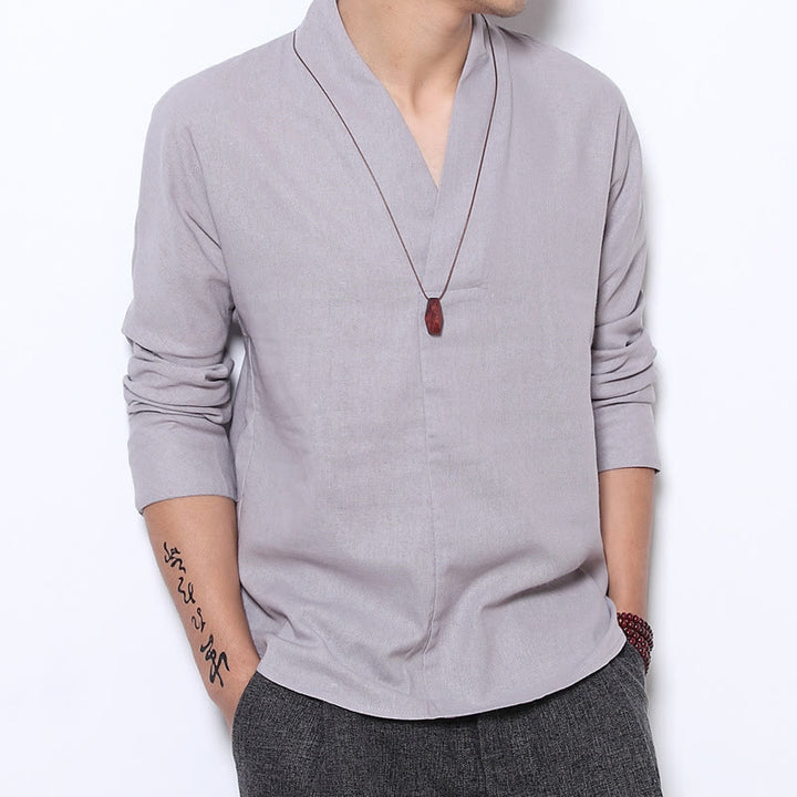 Buddha Stones Casual V-Neck Long Sleeve Shirt Linen Men Clothing - Gainsboro - US/UK/AU46，EU56 (5XL) - image 0