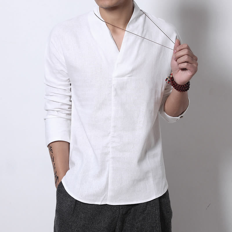 Buddha Stones Casual V-Neck Long Sleeve Shirt Linen Men Clothing - White - US/UK/AU46，EU56 (5XL) - image 2