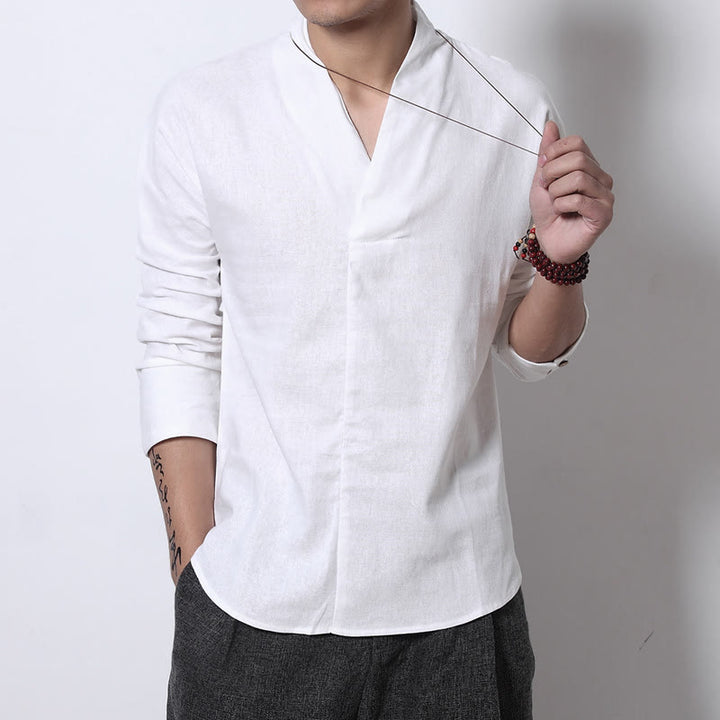 Buddha Stones Casual V-Neck Long Sleeve Shirt Linen Men Clothing - White - US/UK/AU46，EU56 (5XL) - image 2