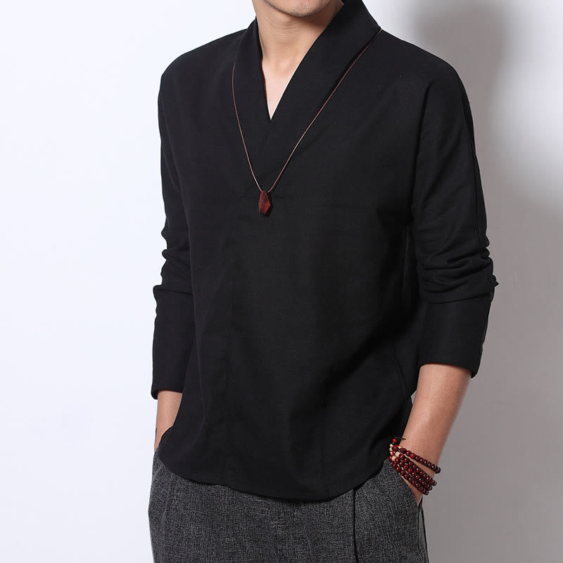 Buddha Stones Casual V-Neck Long Sleeve Shirt Linen Men Clothing - Black - US/UK/AU46，EU56 (5XL) - image 5