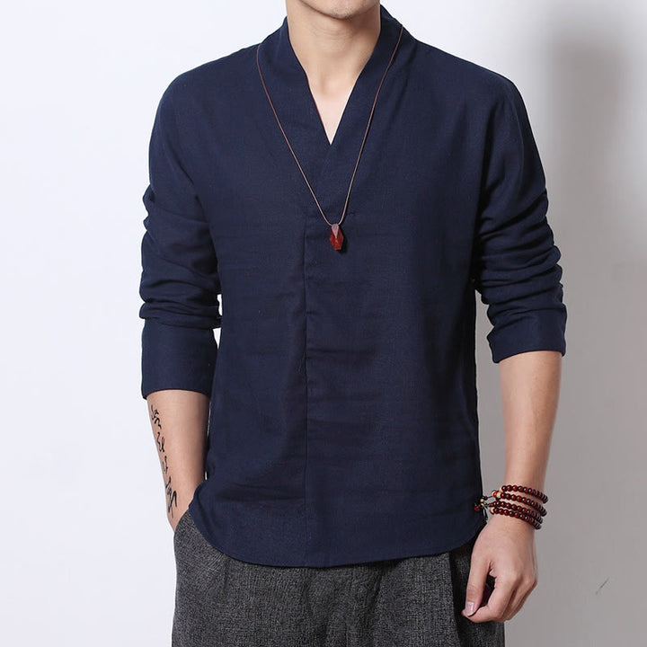 Buddha Stones Casual V-Neck Long Sleeve Shirt Linen Men Clothing - SteelBlue - US/UK/AU46，EU56 (5XL) - image 7