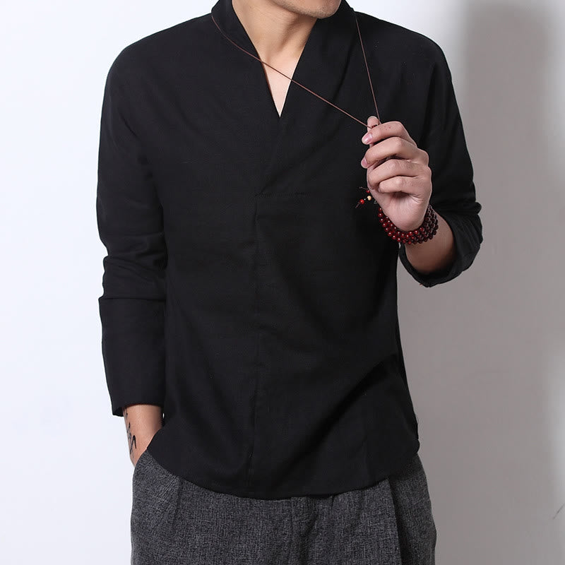 Buddha Stones Casual V-Neck Long Sleeve Shirt Linen Men Clothing - image 6
