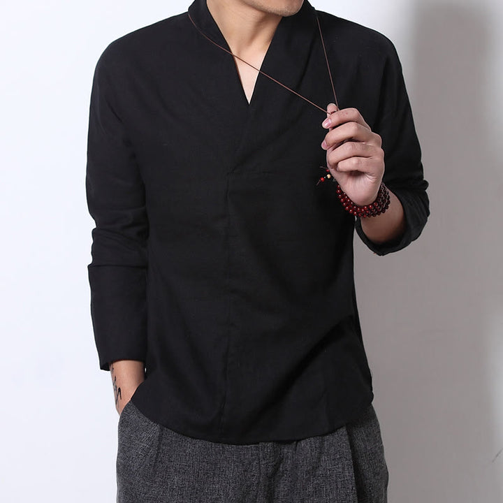 Buddha Stones Casual V-Neck Long Sleeve Shirt Linen Men Clothing - image 6