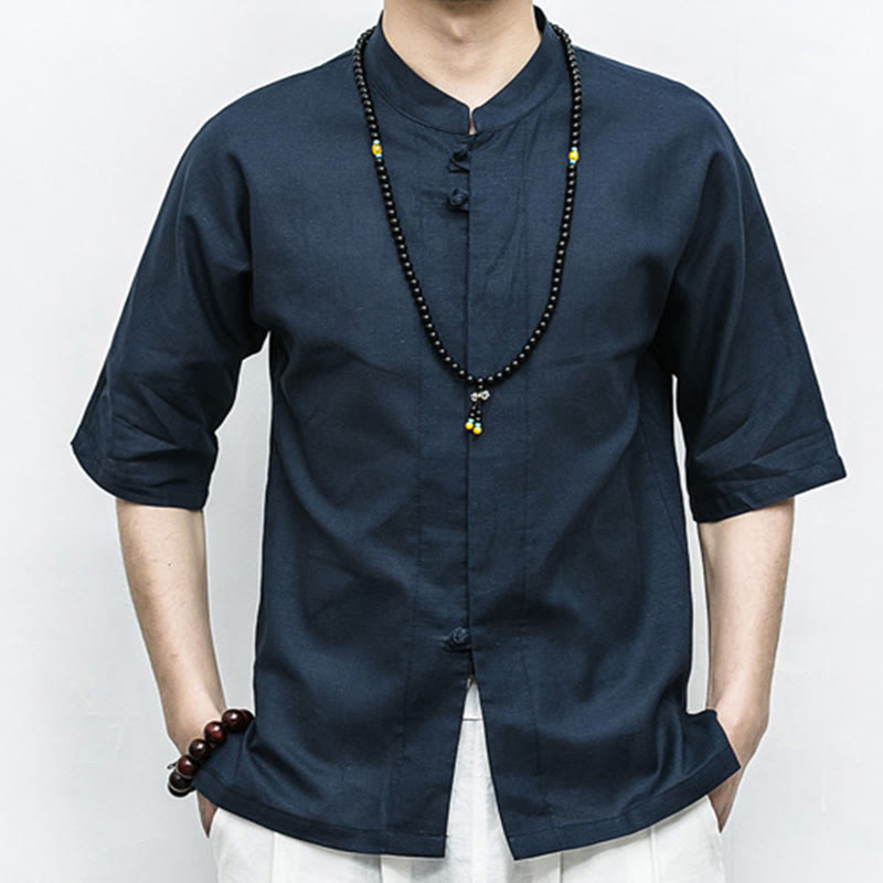 Buddha Stones Chinese Frog-Button Tang Suit Zen Half Sleeve Shirt Linen Men Clothing - image 4