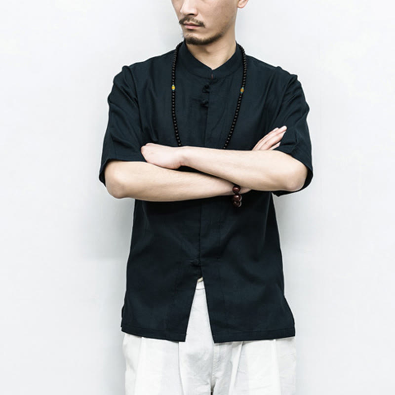 Buddha Stones Chinese Frog-Button Tang Suit Zen Half Sleeve Shirt Linen Men Clothing - image 16