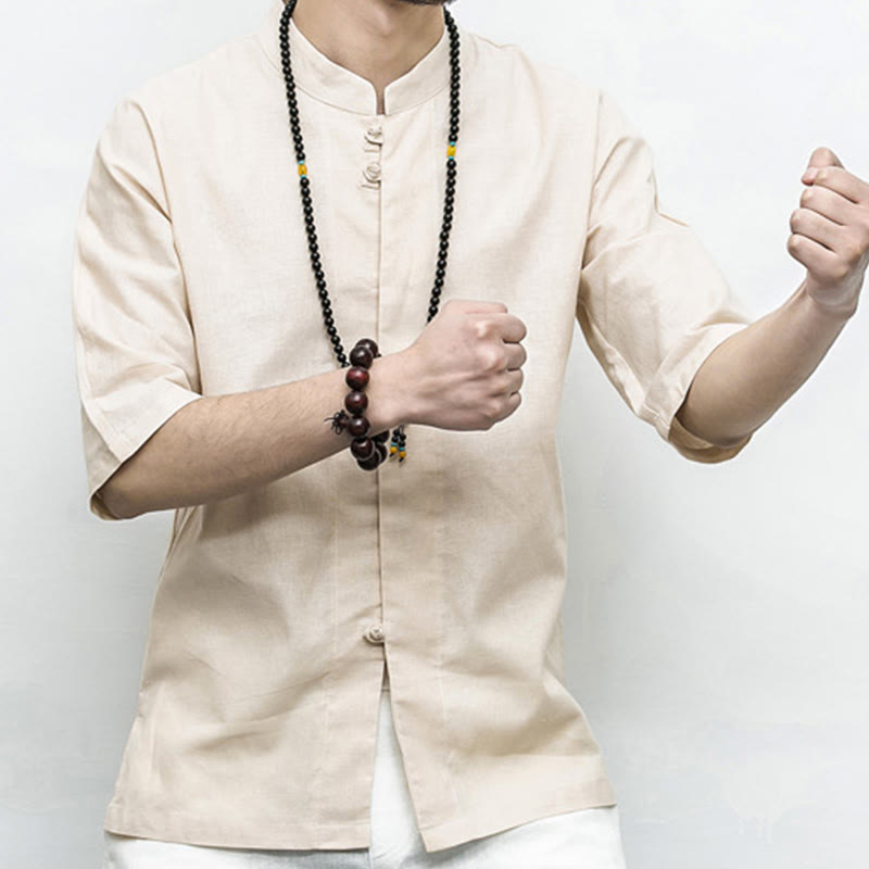 Buddha Stones Chinese Frog-Button Tang Suit Zen Half Sleeve Shirt Linen Men Clothing - image 21