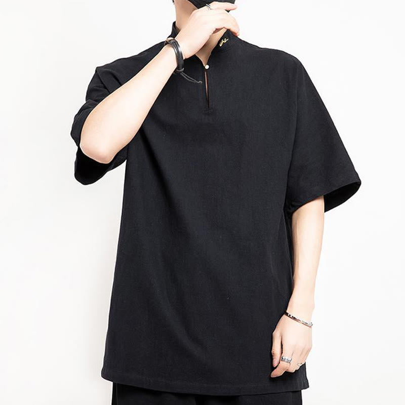 Buddha Stones Chinese Tang Suit Embroidery Half Sleeve Shirt Linen Men Clothing - image 3