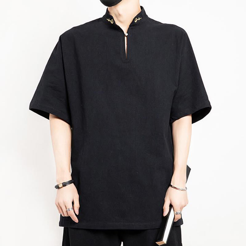 Buddha Stones Chinese Tang Suit Embroidery Half Sleeve Shirt Linen Men Clothing - image 2