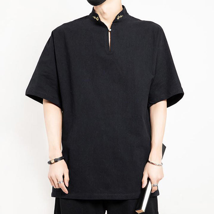 Buddha Stones Chinese Tang Suit Embroidery Half Sleeve Shirt Linen Men Clothing - image 2
