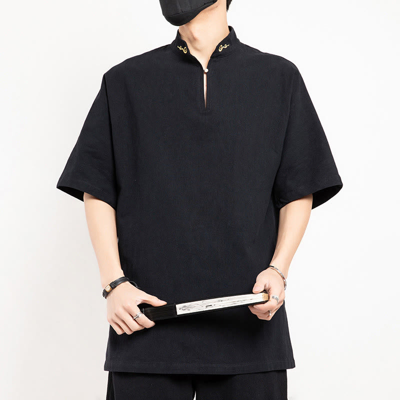 Buddha Stones Chinese Tang Suit Embroidery Half Sleeve Shirt Linen Men Clothing - Black - US/UK/AU48，EU58(5XL)  - image 0