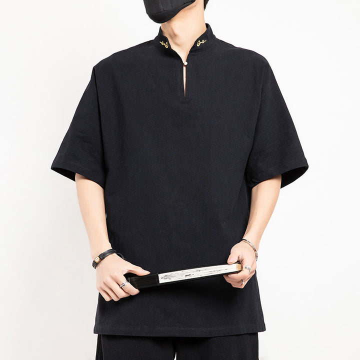 Buddha Stones Chinese Tang Suit Embroidery Half Sleeve Shirt Linen Men Clothing - Black - US/UK/AU48，EU58(5XL)  - image 0