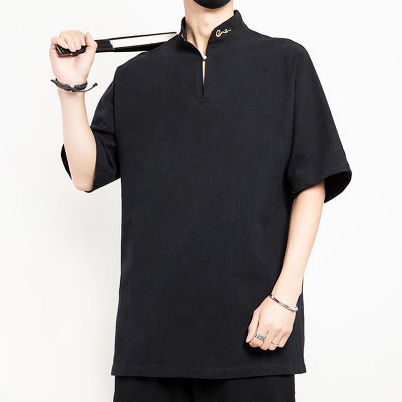 Buddha Stones Chinese Tang Suit Embroidery Half Sleeve Shirt Linen Men Clothing - image 1