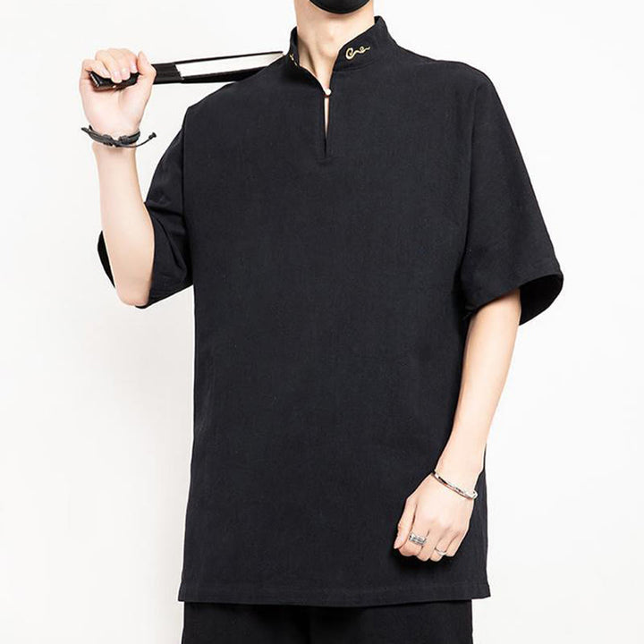 Buddha Stones Chinese Tang Suit Embroidery Half Sleeve Shirt Linen Men Clothing - image 1