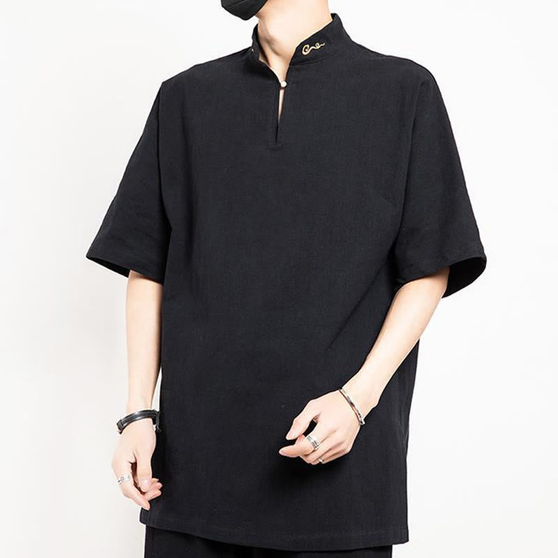 Buddha Stones Chinese Tang Suit Embroidery Half Sleeve Shirt Linen Men Clothing - image 4