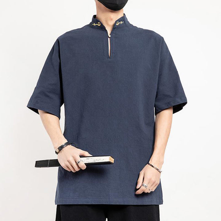 Buddha Stones Chinese Tang Suit Embroidery Half Sleeve Shirt Linen Men Clothing - SteelBlue - US/UK/AU48，EU58(5XL)  - image 6