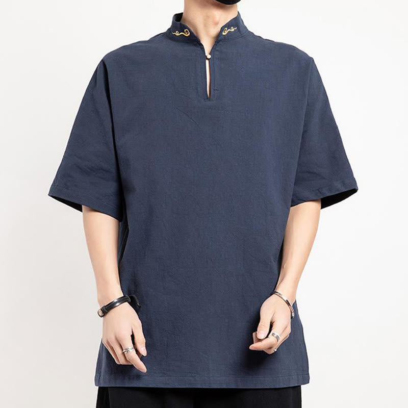 Buddha Stones Chinese Tang Suit Embroidery Half Sleeve Shirt Linen Men Clothing - image 8