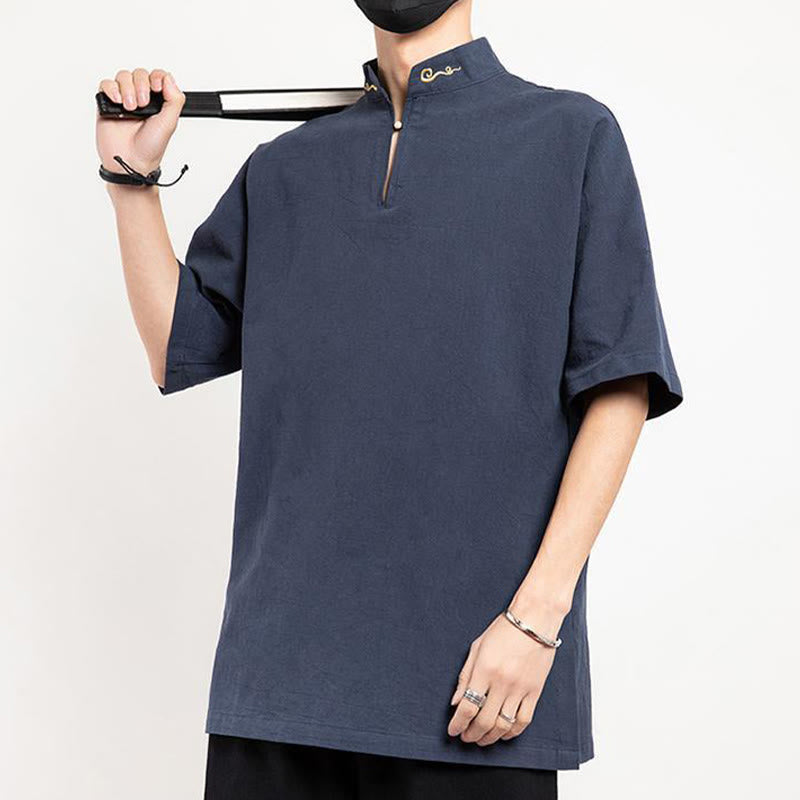 Buddha Stones Chinese Tang Suit Embroidery Half Sleeve Shirt Linen Men Clothing - image 10