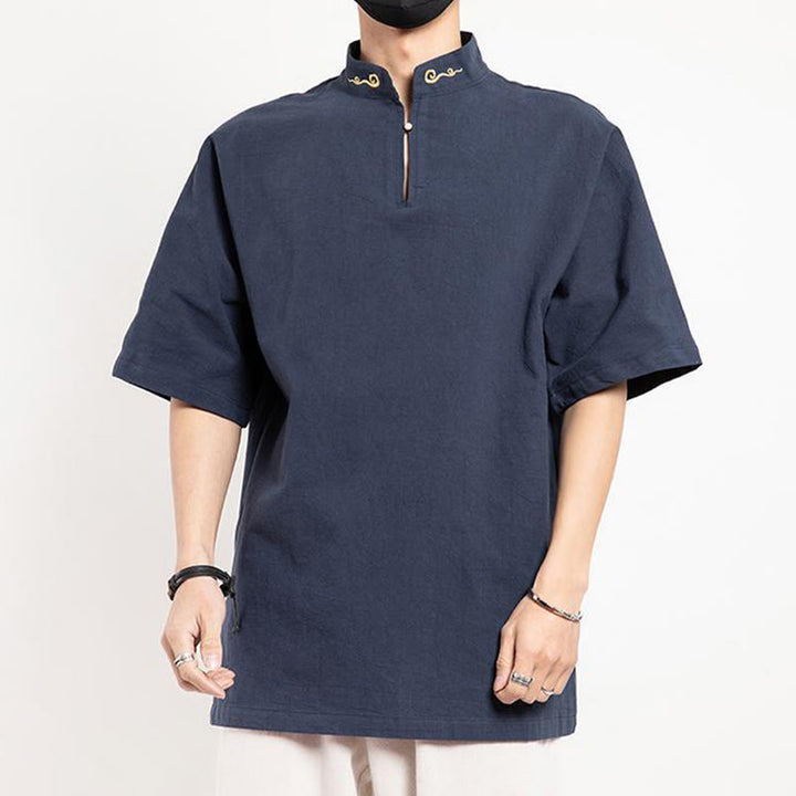 Buddha Stones Chinese Tang Suit Embroidery Half Sleeve Shirt Linen Men Clothing - image 7