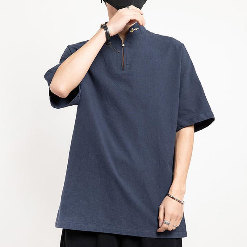 Buddha Stones Chinese Tang Suit Embroidery Half Sleeve Shirt Linen Men Clothing - image 9
