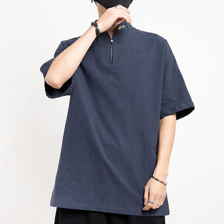 Buddha Stones Chinese Tang Suit Embroidery Half Sleeve Shirt Linen Men Clothing - image 9