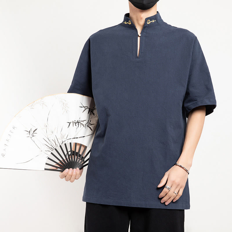 Buddha Stones Chinese Tang Suit Embroidery Half Sleeve Shirt Linen Men Clothing - image 11