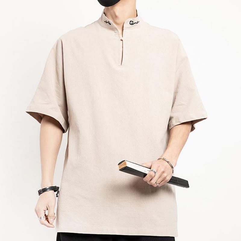 Buddha Stones Chinese Tang Suit Embroidery Half Sleeve Shirt Linen Men Clothing - Linen - US/UK/AU48，EU58(5XL)  - image 12