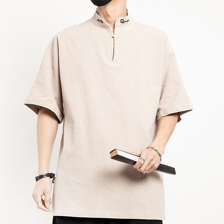 Buddha Stones Chinese Tang Suit Embroidery Half Sleeve Shirt Linen Men Clothing - Linen - US/UK/AU48，EU58(5XL)  - image 12