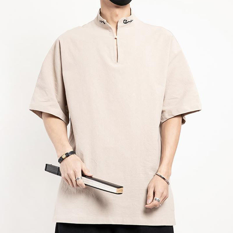 Buddha Stones Chinese Tang Suit Embroidery Half Sleeve Shirt Linen Men Clothing - image 15