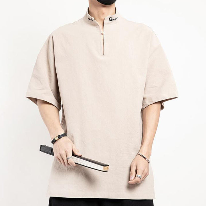 Buddha Stones Chinese Tang Suit Embroidery Half Sleeve Shirt Linen Men Clothing - image 15