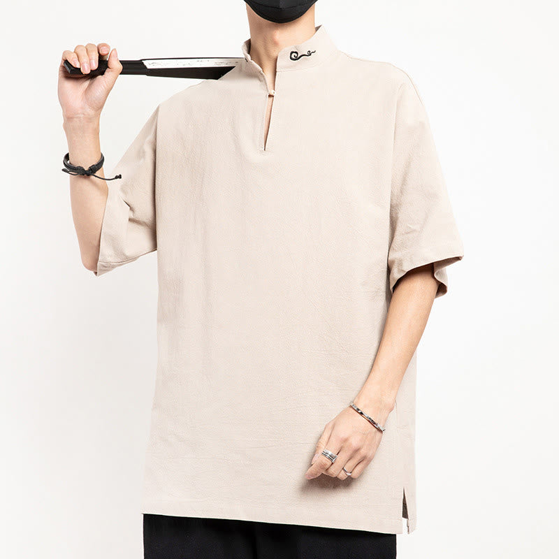 Buddha Stones Chinese Tang Suit Embroidery Half Sleeve Shirt Linen Men Clothing - image 14