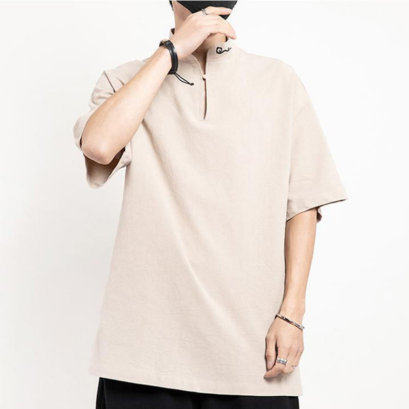 Buddha Stones Chinese Tang Suit Embroidery Half Sleeve Shirt Linen Men Clothing - image 13