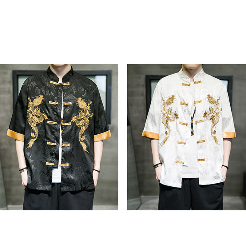 Buddha Stones Frog-Button Chinese Dragon Embroidery Half Sleeve Shirt Linen Men Clothing - image 19