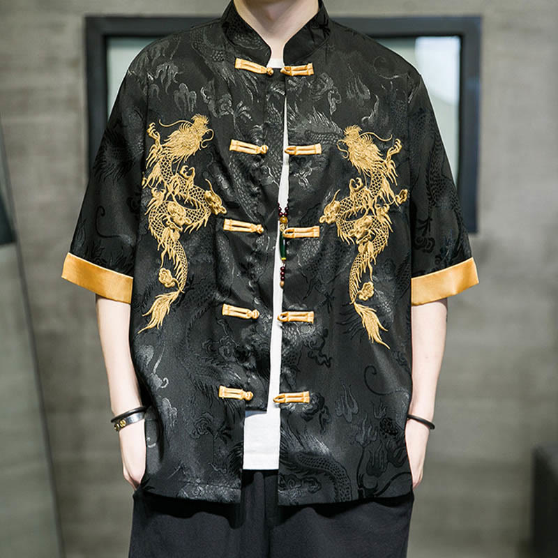 Buddha Stones Frog-Button Chinese Dragon Embroidery Half Sleeve Shirt Linen Men Clothing - image 5