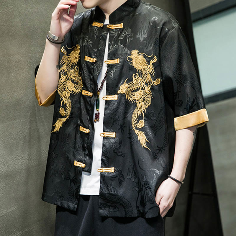 Buddha Stones Frog-Button Chinese Dragon Embroidery Half Sleeve Shirt Linen Men Clothing - image 9