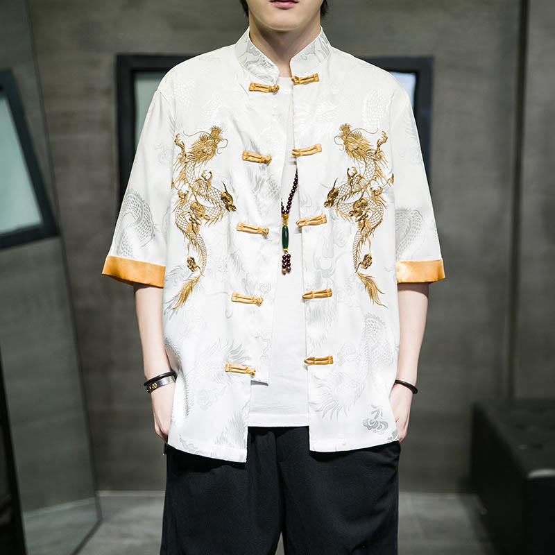 Buddha Stones Frog-Button Chinese Dragon Embroidery Half Sleeve Shirt Linen Men Clothing - image 12