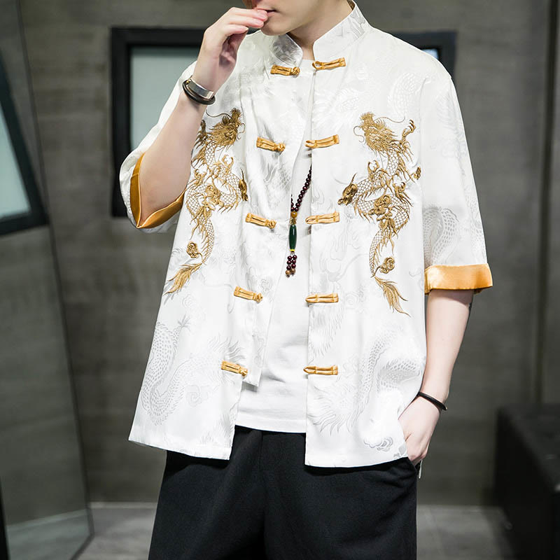 Buddha Stones Frog-Button Chinese Dragon Embroidery Half Sleeve Shirt Linen Men Clothing - White - US/UK/AU48，EU58(5XL)  - image 11