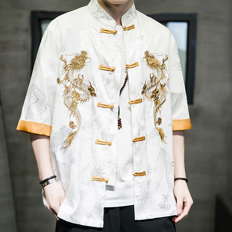 Buddha Stones Frog-Button Chinese Dragon Embroidery Half Sleeve Shirt Linen Men Clothing - image 14