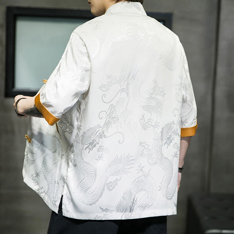 Buddha Stones Frog-Button Chinese Dragon Embroidery Half Sleeve Shirt Linen Men Clothing - image 13