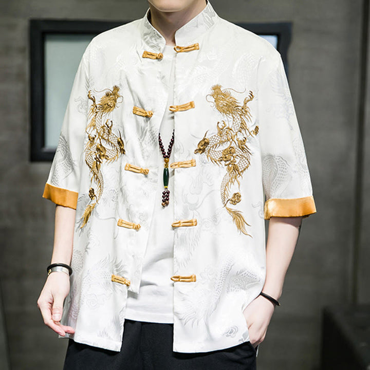 Buddha Stones Frog-Button Chinese Dragon Embroidery Half Sleeve Shirt Linen Men Clothing - image 17