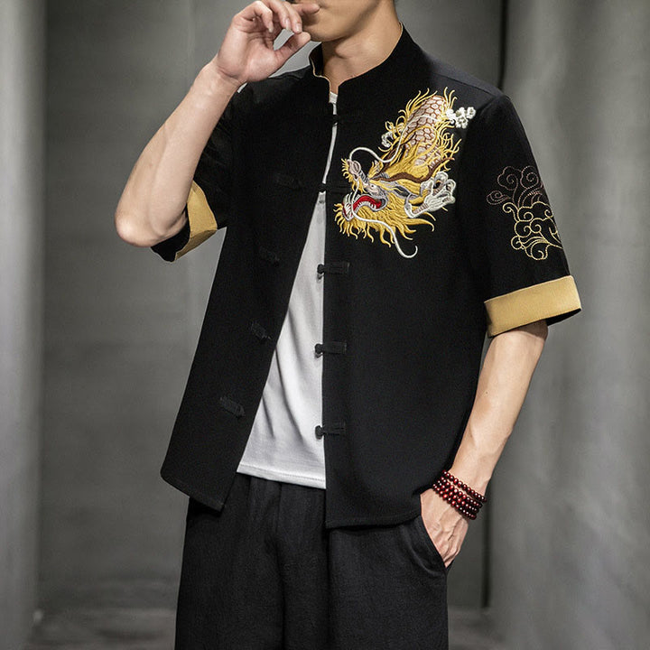 Buddha Stones Frog-Button Chinese Dragon Auspicious Cloud Embroidery Half Sleeve Shirt Cotton Linen Men Clothing - image 5